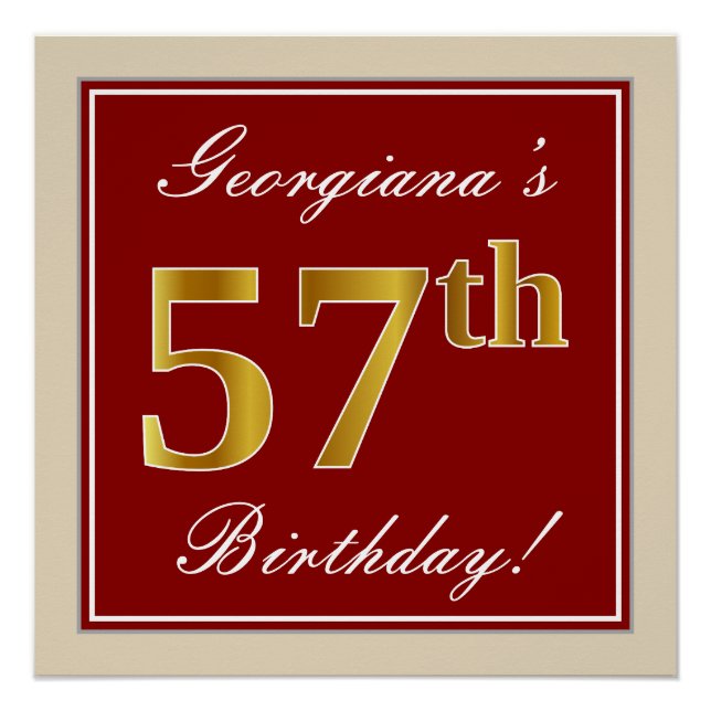 Poster Elégant, Rouge, Faux Gold 57e anniversaire; Nom pe (Devant)