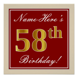 Poster Elégant, Rouge, Faux Gold 58e anniversaire; Nom pe