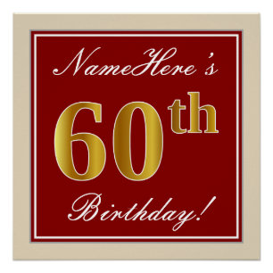 Poster Elégant, Rouge, Faux Gold 60e anniversaire; Nom pe