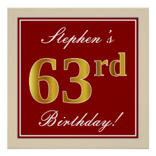 Poster Elégant, Rouge, Faux Gold 63e anniversaire; Nom pe