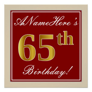 Poster Elégant, Rouge, Faux Gold 65e anniversaire; Nom pe