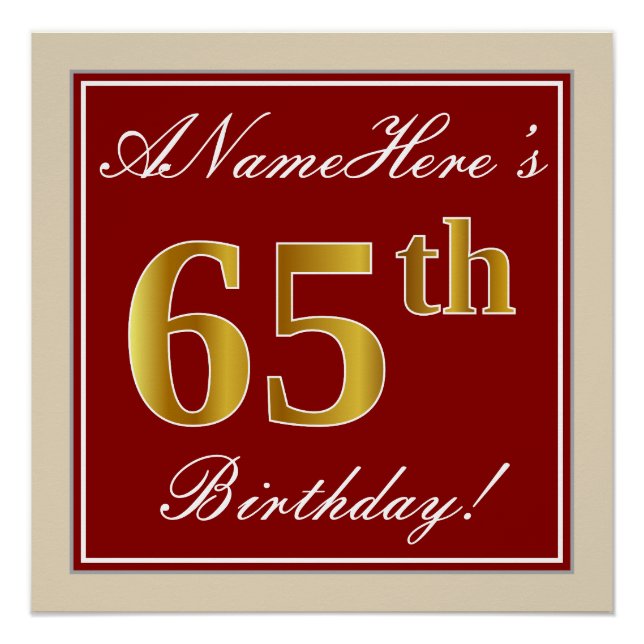 Poster Elégant, Rouge, Faux Gold 65e anniversaire; Nom pe (Devant)