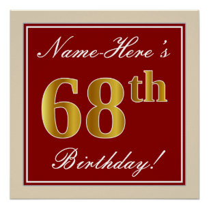 Poster Elégant, Rouge, Faux Gold 68e anniversaire; Nom pe