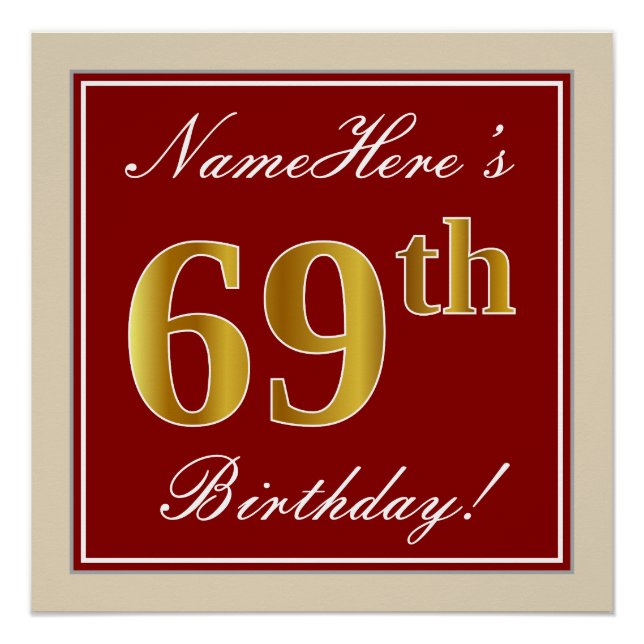 Poster Elégant, Rouge, Faux Gold 69e anniversaire; Nom pe (Devant)