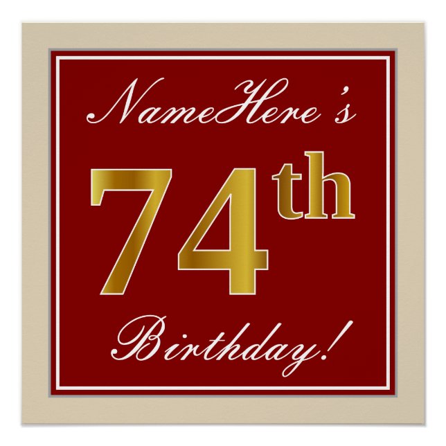 Poster Elégant, Rouge, Faux Gold 74e anniversaire; Nom pe (Devant)