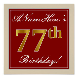 Poster Elégant, Rouge, Faux Gold 77e anniversaire; Nom pe