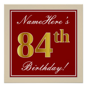 Poster Elégant, Rouge, Faux Gold 84e anniversaire; Nom pe
