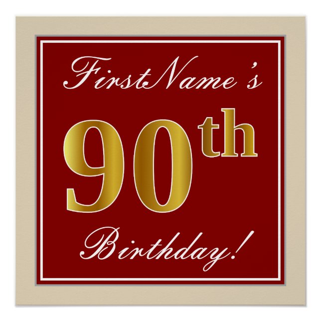 Poster Elégant, Rouge, Faux Gold 90e anniversaire; Nom pe (Devant)