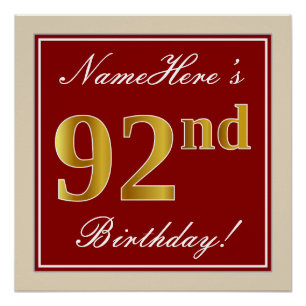 Poster Elégant, Rouge, Faux Gold 92e anniversaire; Nom pe