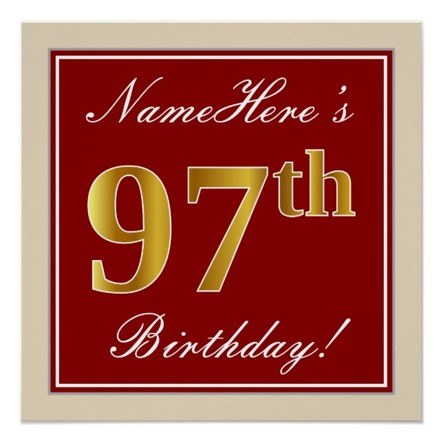 Poster Elégant, Rouge, Faux Gold 97e anniversaire; Nom pe (Devant)