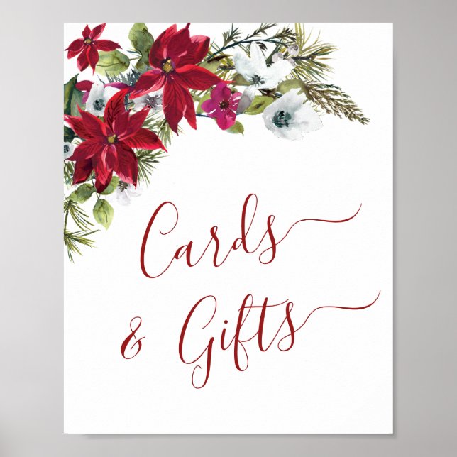 Poster Élégant Rouge Poinsettia Cartes et Cadeaux Mariage (Devant)