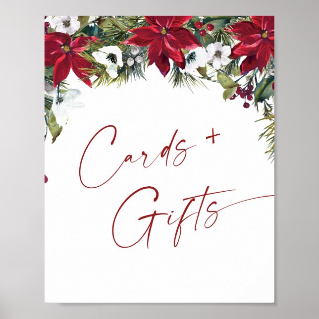 Poster Élégant Rouge Poinsettia Cartes et Cadeaux Mariage (Devant)