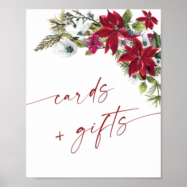 Poster Élégant Rouge Poinsettia Cartes et Cadeaux Mariage (Devant)