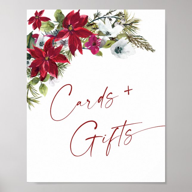 Poster Élégant Rouge Poinsettia Cartes et Cadeaux Mariage (Devant)
