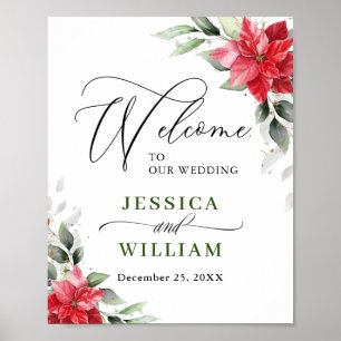 Poster Elégant rouge Poinsettia Eucalyptus Mariage Bienve