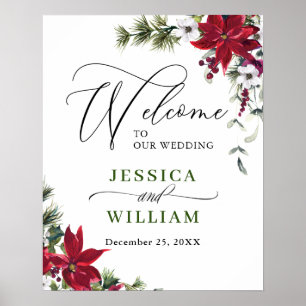 Poster Elégant rouge Poinsettia Pine Fir Mariage Bienvenu