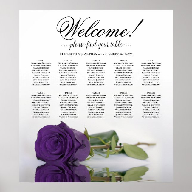 Poster Élégant Royal Purple Rose 10 Table Seating Chart (Devant)