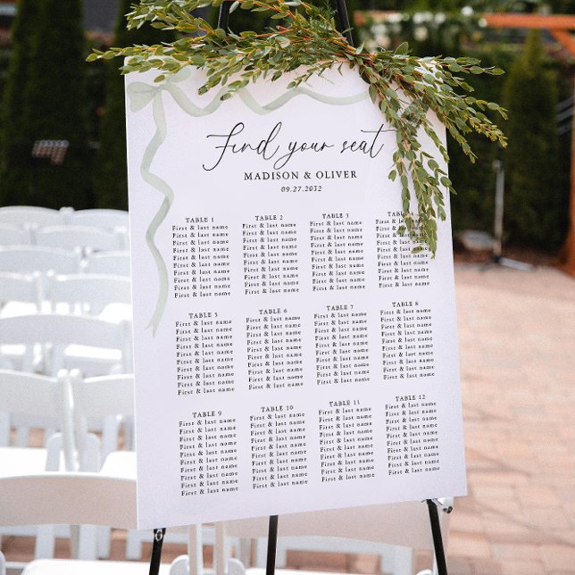 Poster Elegant Sage Green Bow Wedding Seating Charts (Créateur téléchargé)