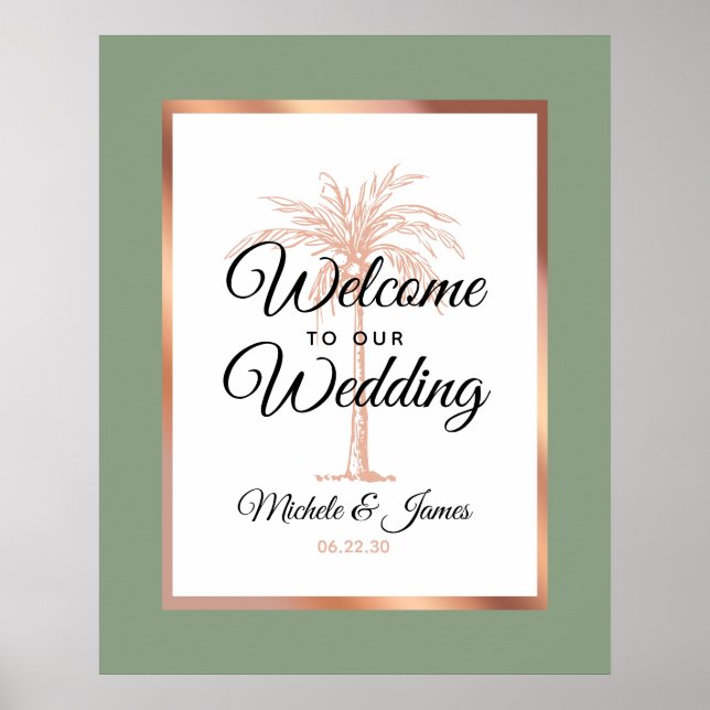 Poster Elégant Sage Green Rose Gold Palm Mariage Bienvenu (Devant)