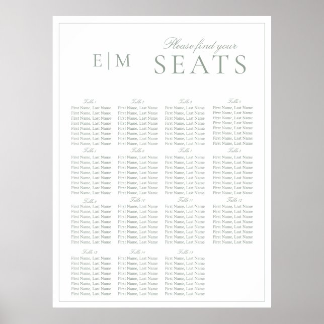 Poster Élégant Sage Green Script Monogramme Siège Mariage (Devant)