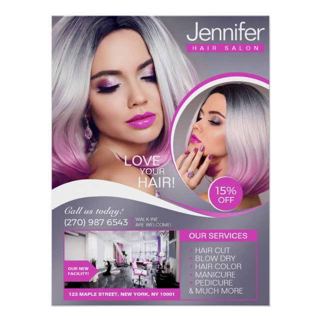 Poster Elégant Salon de Coiffure Rose, Salon De Beauté -  (Devant)