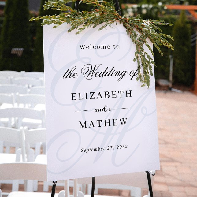 Poster Élégant Script Dusty Blue Monogram Mariage Bienven (Créateur téléchargé)