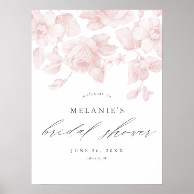 Poster Élégant Script Floral Fête des mariées rose Bienve (Devant)