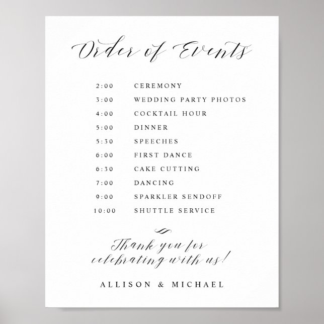 Poster Élégant Script Mariage de l'ordre des événements S (Devant)