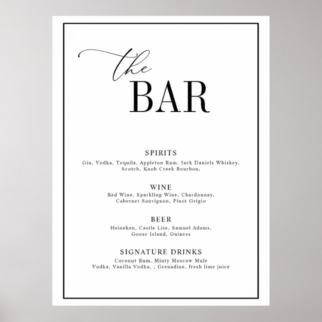 Poster élégant script noir et blanc menu barre mariage (Devant)