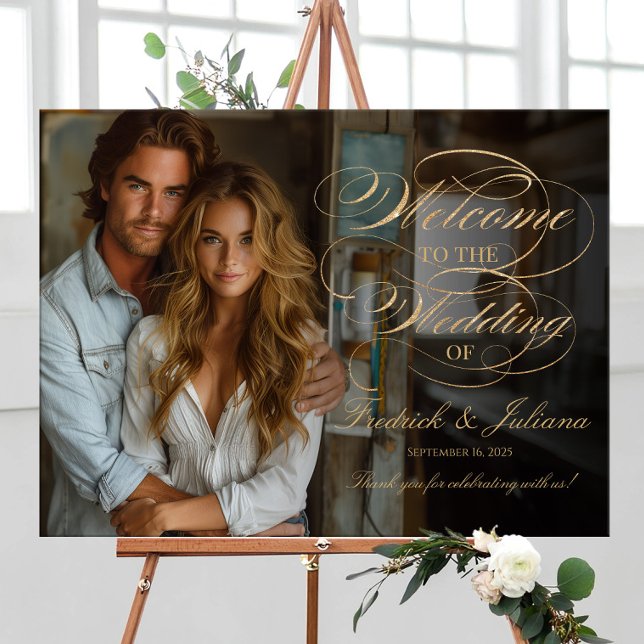 Poster Elégant script or photo mariage accueil (Créateur téléchargé)