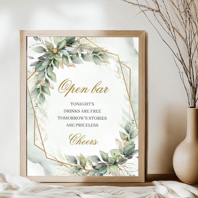 Poster Elégant script vert eucalyptus or Open bar signe (Watercolor greenery foliage gold glitter wedding open bar sign poster)