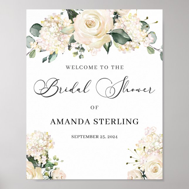 Poster Élégant shower de mariage blanc floral hydrangeas  (Devant)
