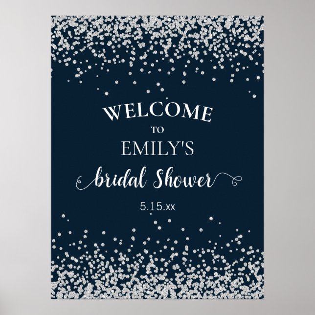 Poster Élégant Shower de Mariage Bleu Nuit Argent Confitu (Devant)