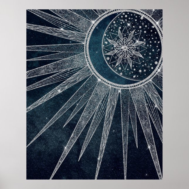 Poster Elégant Silver Sun Moon Doodle Mandala Blue Design (Devant)