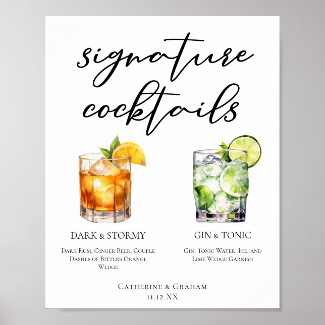 Poster Elégant soir Signature Cocktails Menu Mariage (Devant)