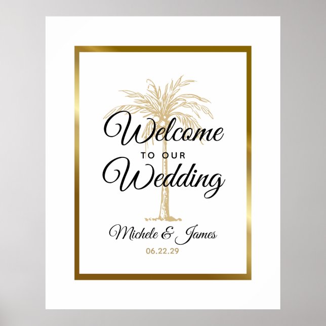 Poster Elégant Tropical Gold Palm Tree Mariage Bienvenue (Devant)