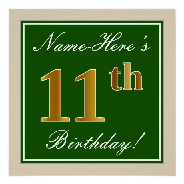 Poster Élégant, vert, anniversaire d'or de Faux 11ème + (Devant)