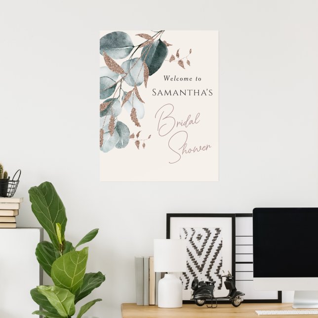 Poster Élégant Vert Doré Feuilles Pailletées Baby Shower  (Bureau à domicile)