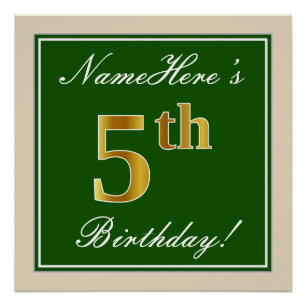 Poster Elégant, Vert, Faux Gold 5e anniversaire + Nom