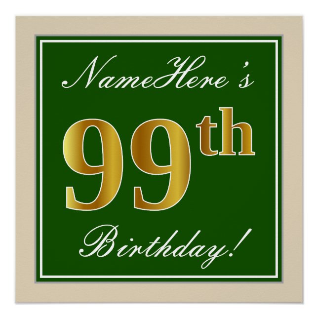 Poster Elégant, Vert, Faux Gold 99e anniversaire + Nom (Devant)