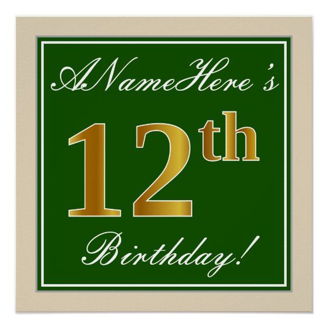 Poster Elégant, Vert, Faux Or 12ème Anniversaire + Nom (Devant)