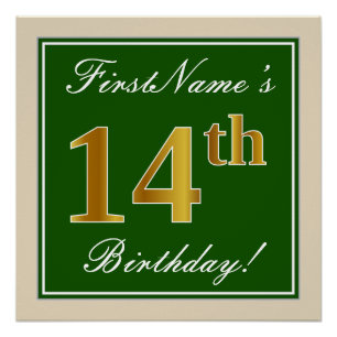 Poster Elégant, Vert, Faux Or 14ème Anniversaire + Nom
