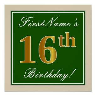 Poster Elégant, Vert, Faux Or 16ème anniversaire + Nom