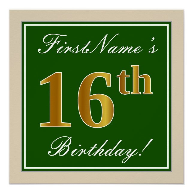 Poster Elégant, Vert, Faux Or 16ème anniversaire + Nom (Devant)