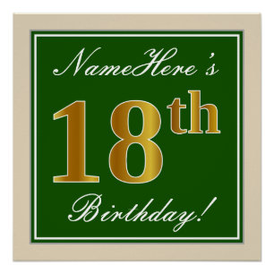 Poster Elégant, Vert, Faux Or 18ème anniversaire + Nom