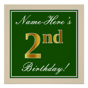 Poster Élégant, Vert, Faux Or 2ème anniversaire + Nom