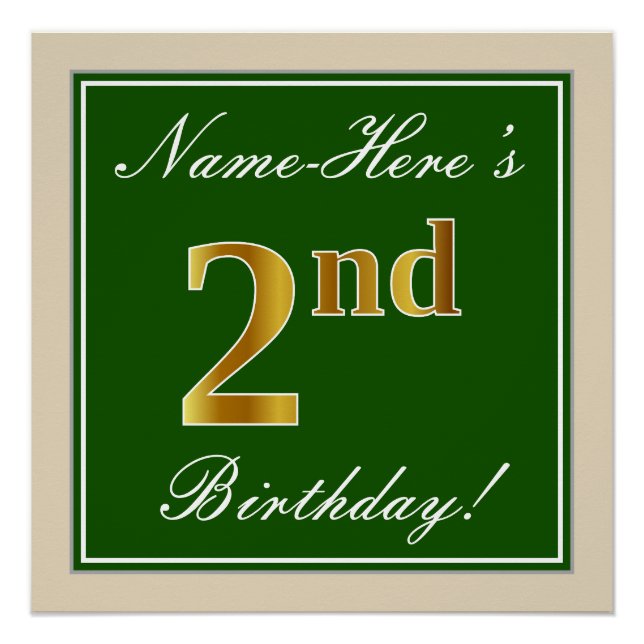 Poster Élégant, Vert, Faux Or 2ème anniversaire + Nom (Devant)