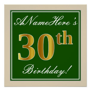 Poster Elégant, Vert, Faux Or 30ème Anniversaire + Nom