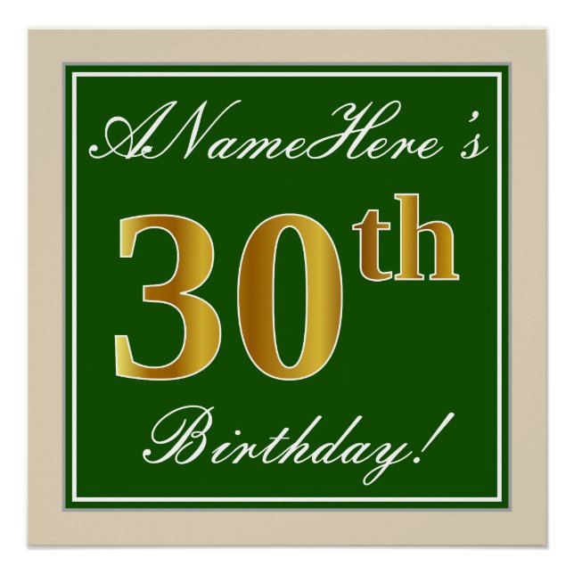 Poster Elégant, Vert, Faux Or 30ème Anniversaire + Nom (Devant)