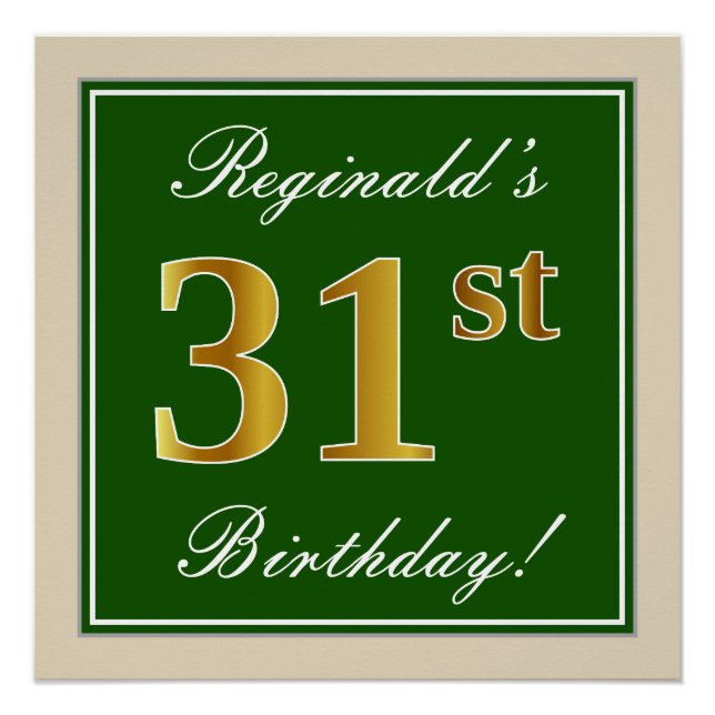 Poster Elégant, Vert, Faux Or 31ème Anniversaire + Nom (Devant)